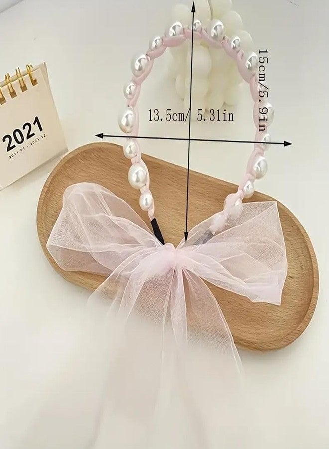 Ashkash 1Pcs Kids Girls Pearl Headbands with Chiffon Ribbon, White Pearl Hairbands Bridal Hair Hoop Cute Headbands Party Wedding Hair Accessories - Random Color - Image 2